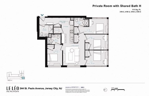 A floor plan of a private room with a shared bathroom.